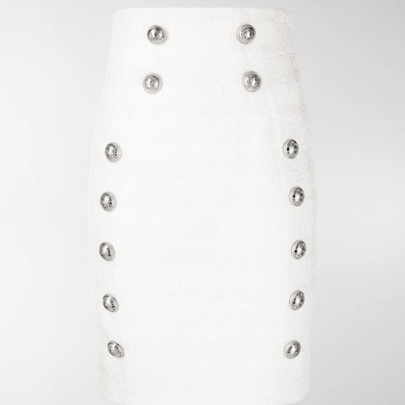 Balmain White Tweed Double Breasted High Waisted Button Fringe Skirt - Picture 1 of 7